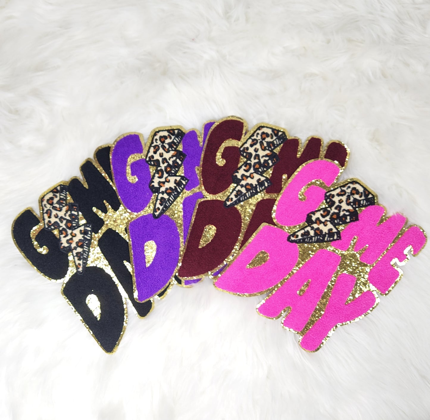 Game Day Cheetah Lightning Bolt Large Chenille Gold Glitter Iron-on Patch