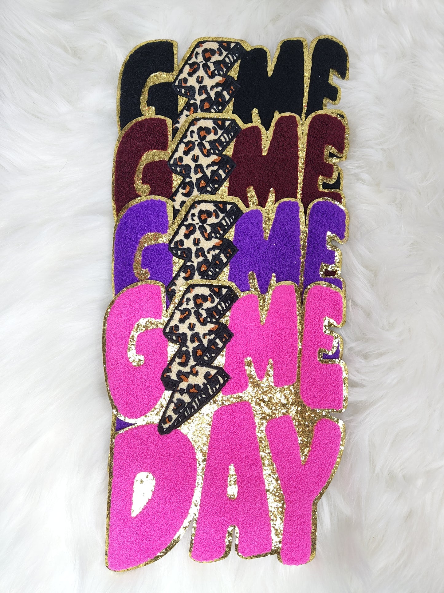 Game Day Cheetah Lightning Bolt Large Chenille Gold Glitter Iron-on Patch