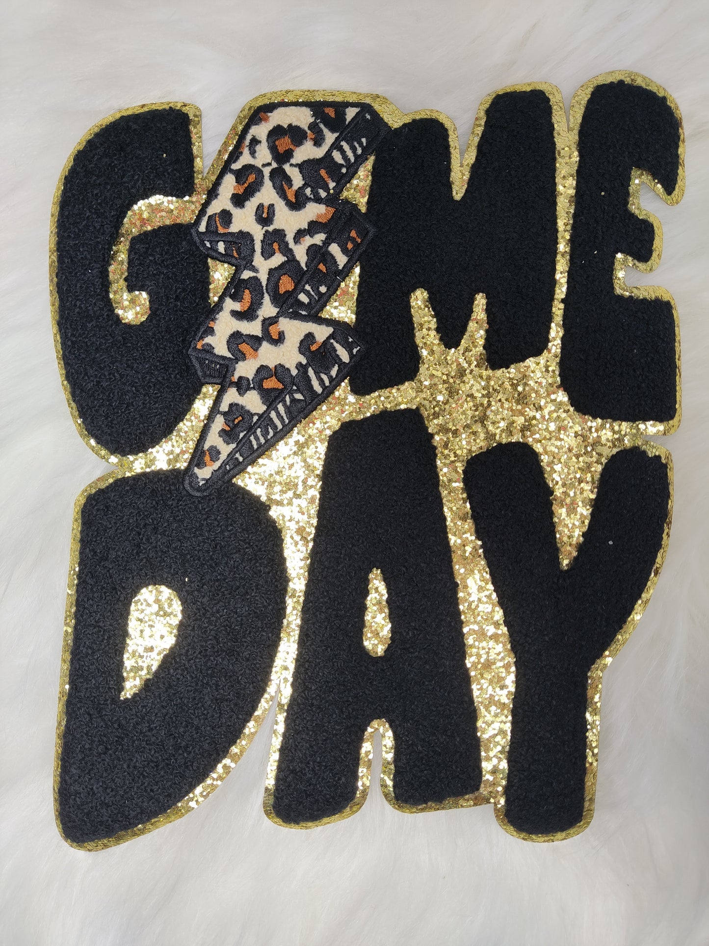 Game Day Cheetah Lightning Bolt Large Chenille Gold Glitter Iron-on Patch
