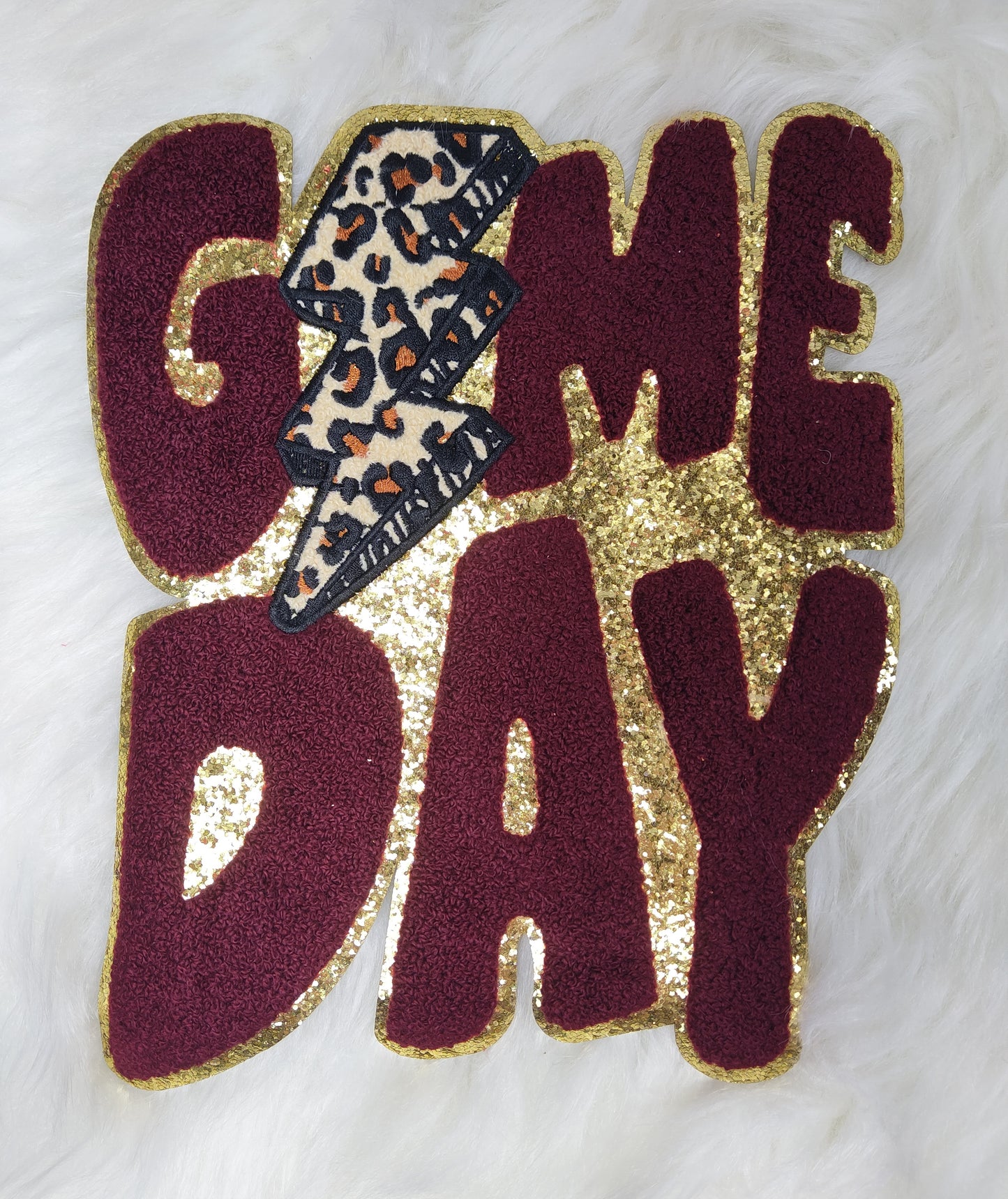Game Day Cheetah Lightning Bolt Large Chenille Gold Glitter Iron-on Patch