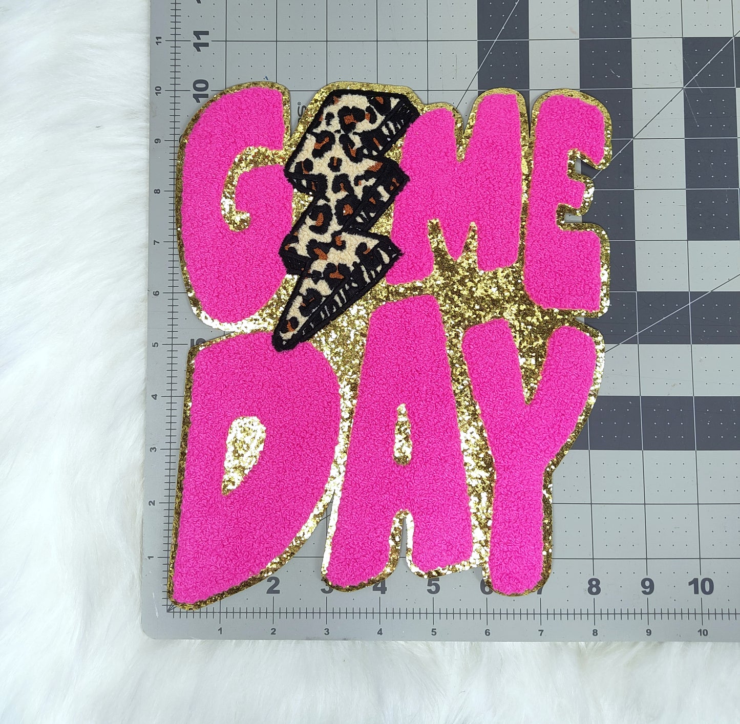 Game Day Cheetah Lightning Bolt Large Chenille Gold Glitter Iron-on Patch
