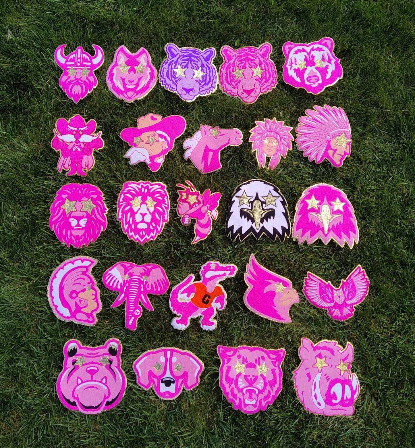 Hot Pink and White Lion Mascot with Star Eyes Large Chenille Iron-on Patch