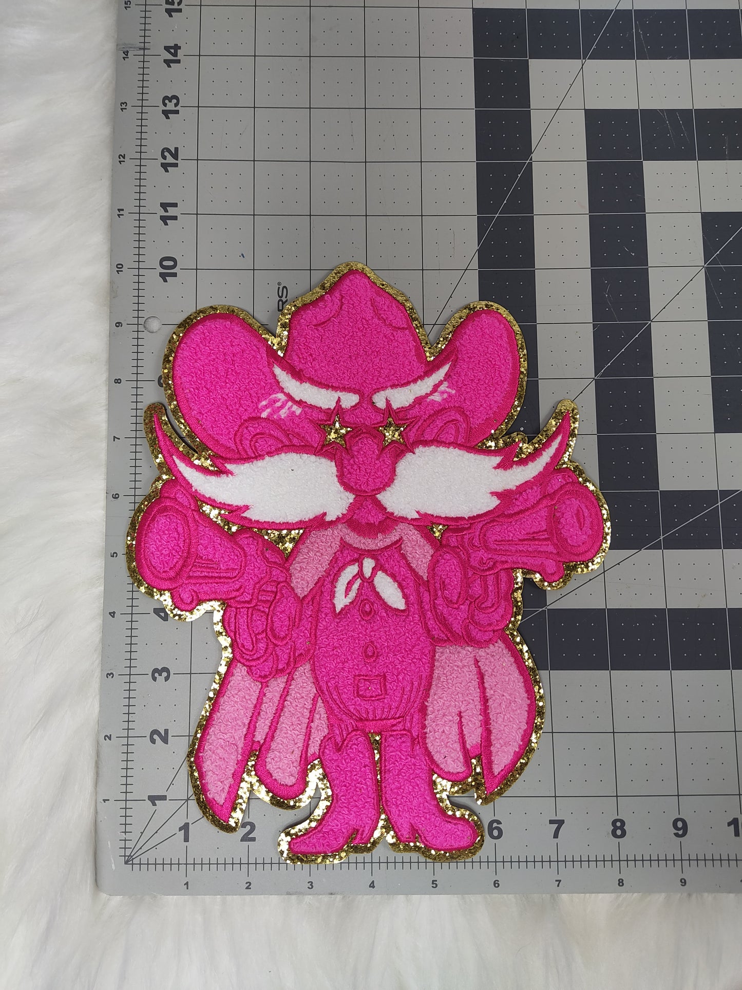 Hot Pink Full Body Colonel Mascot with Star Eyes Large Chenille Iron-on Patch