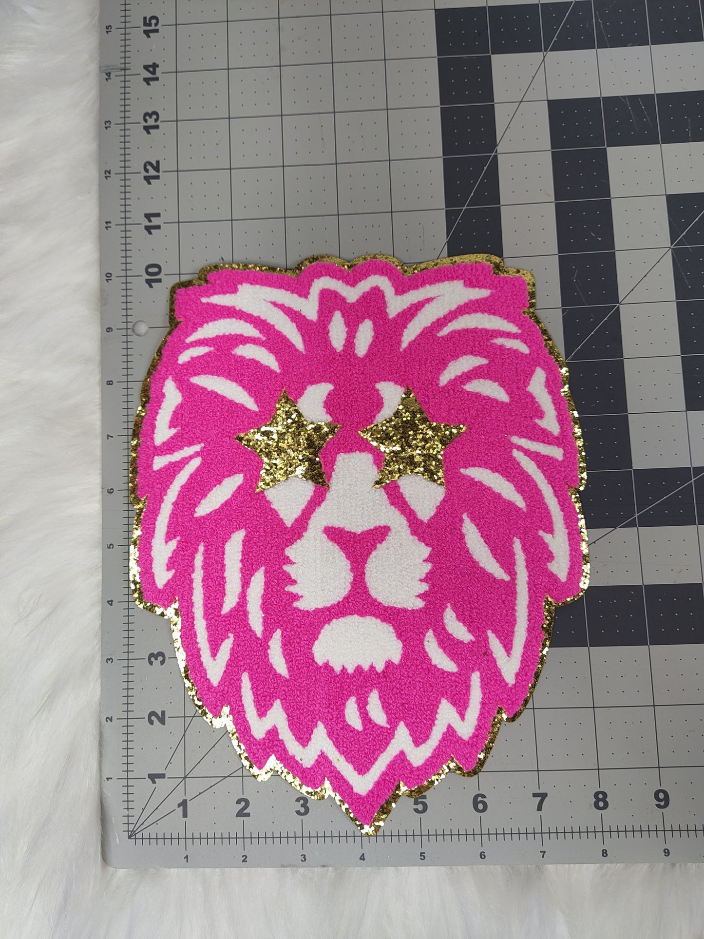 Hot Pink and White Lion Mascot with Star Eyes Large Chenille Iron-on Patch