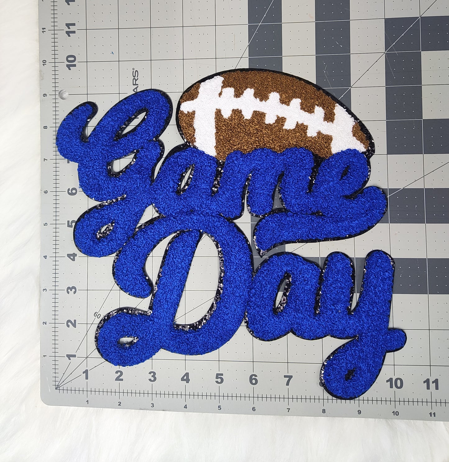 Large Blue Football Game Day Chenille Iron-on Black Glitter Patch