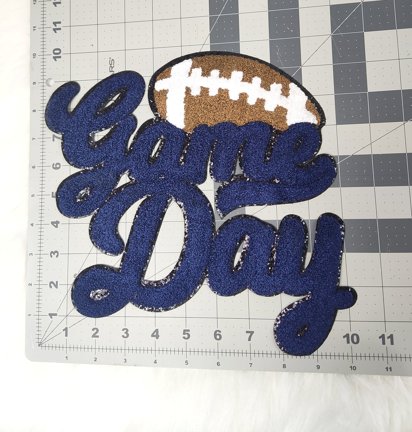 Large Navy Blue Football Game Day Chenille Iron-on Black Glitter Patch