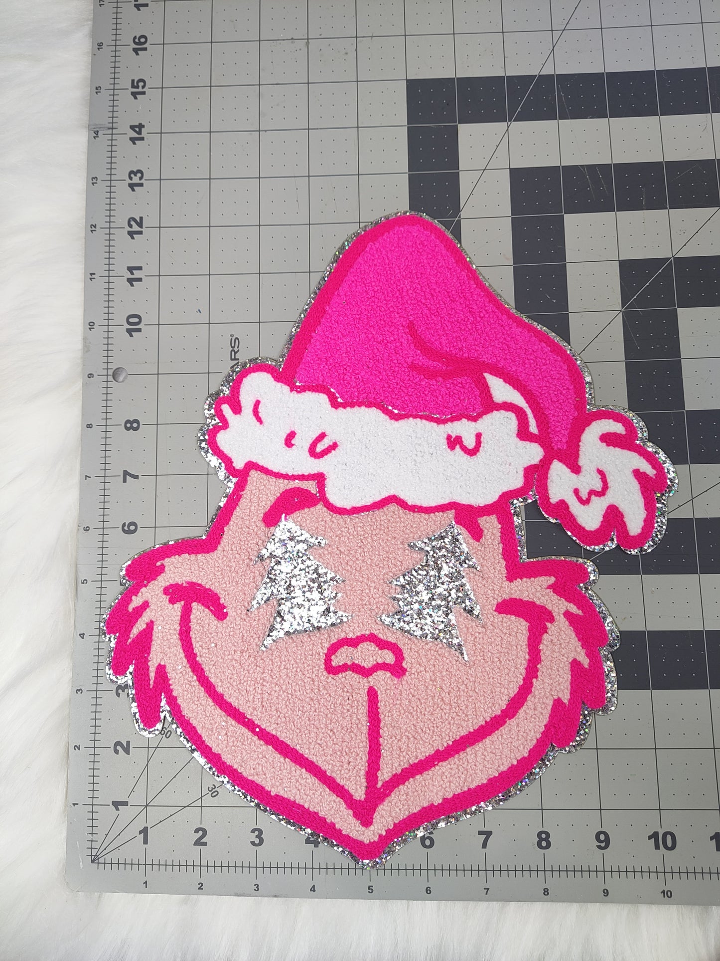 Hot Pink Grinchy with Tree Eyes and Iridescent Glitter Iron On Patch