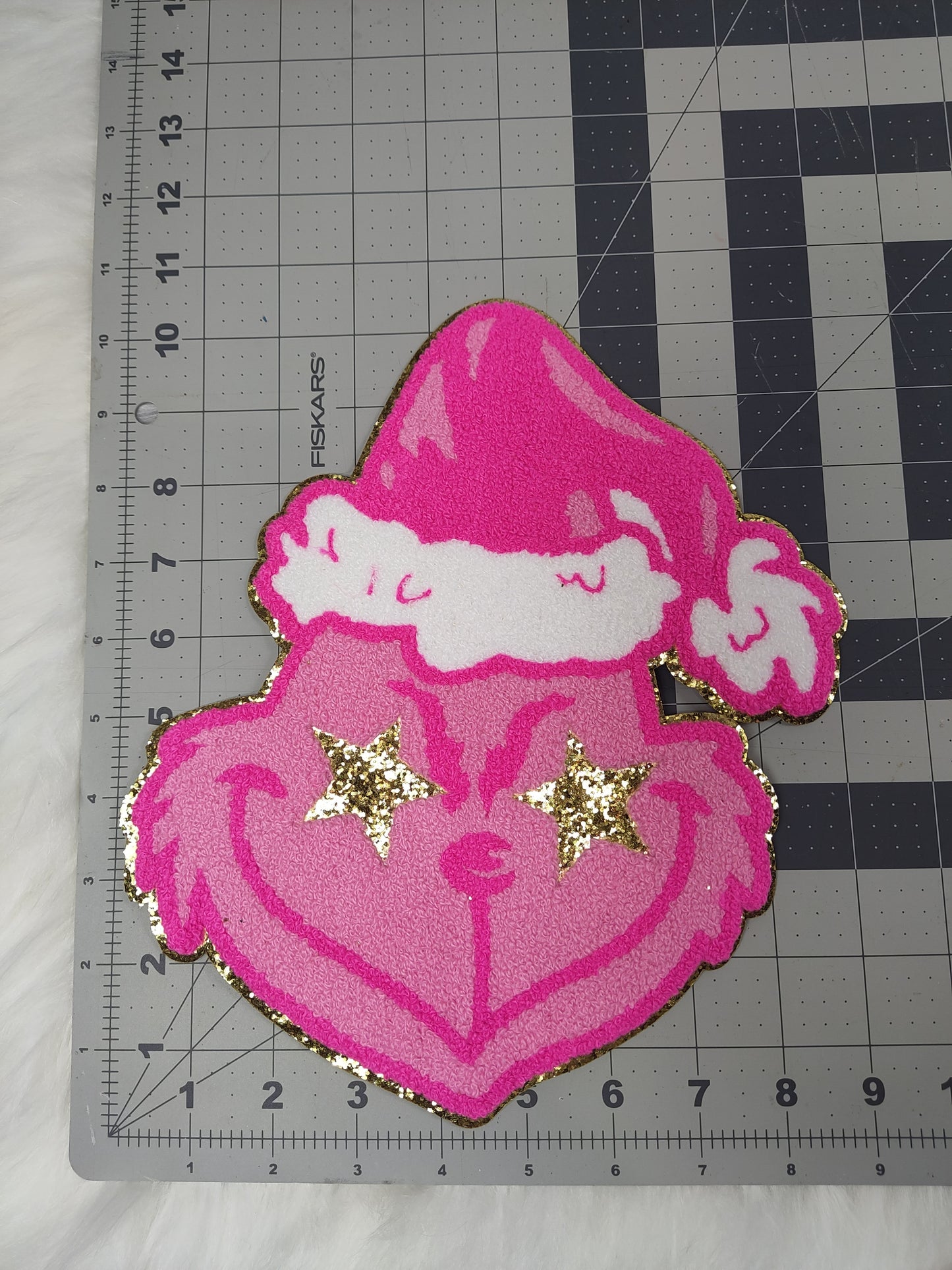 Hot Pink Grinchy with Star Eyes and Gold Glitter Iron On Patch