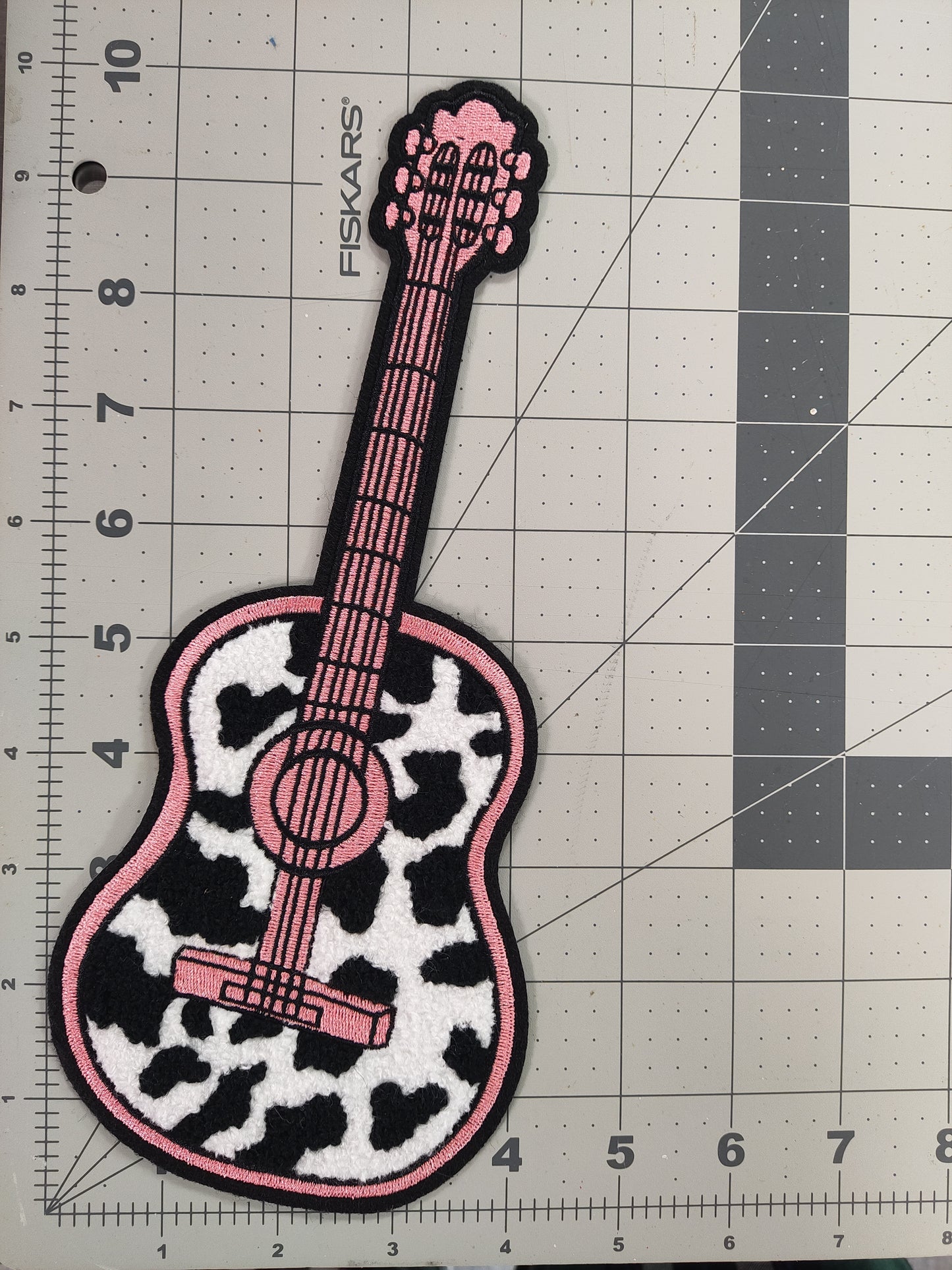 Large Guitar Cow Print Chenille Iron On Patch