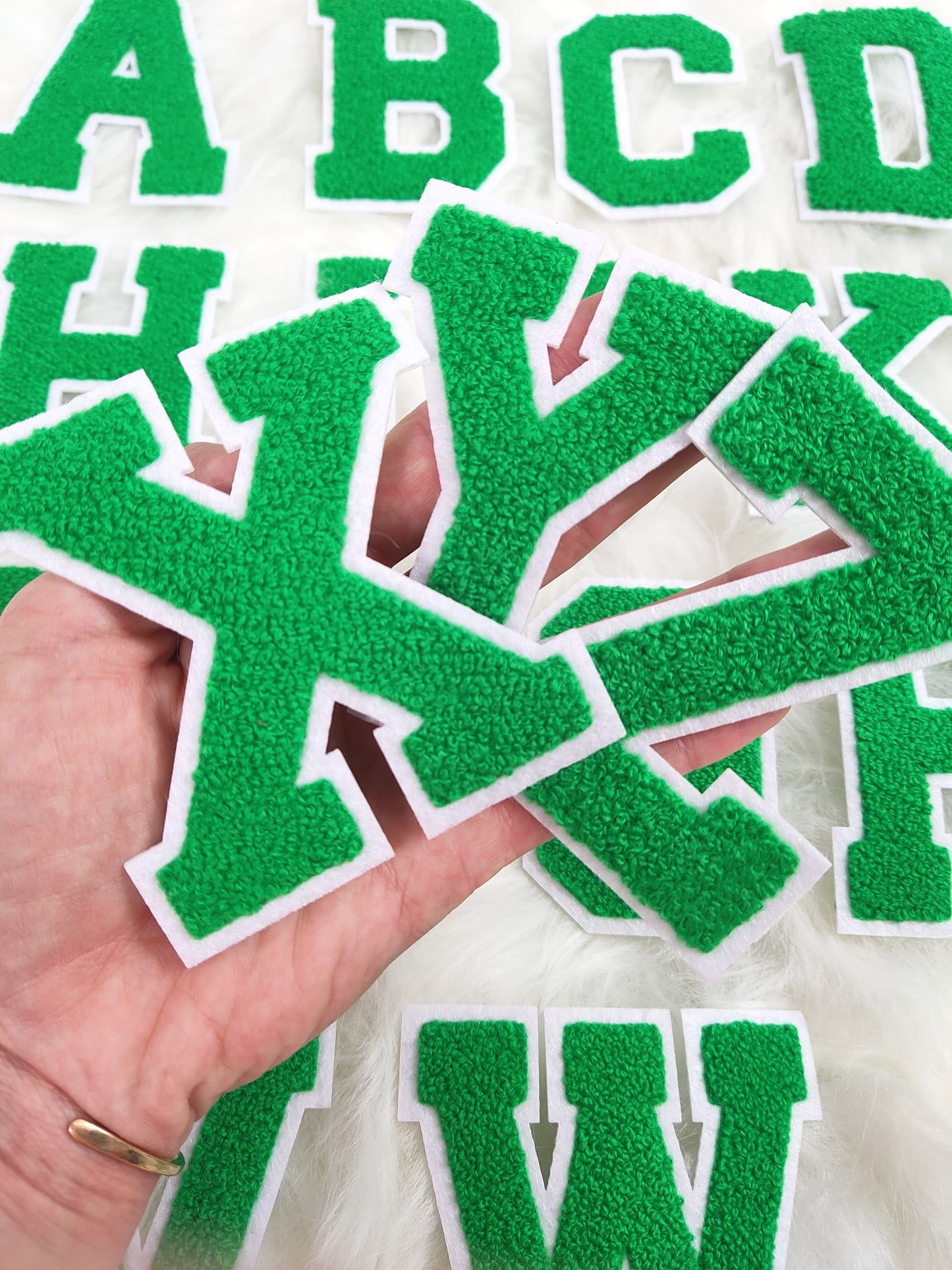 Green Chenille on Felt Iron On Letter Patches