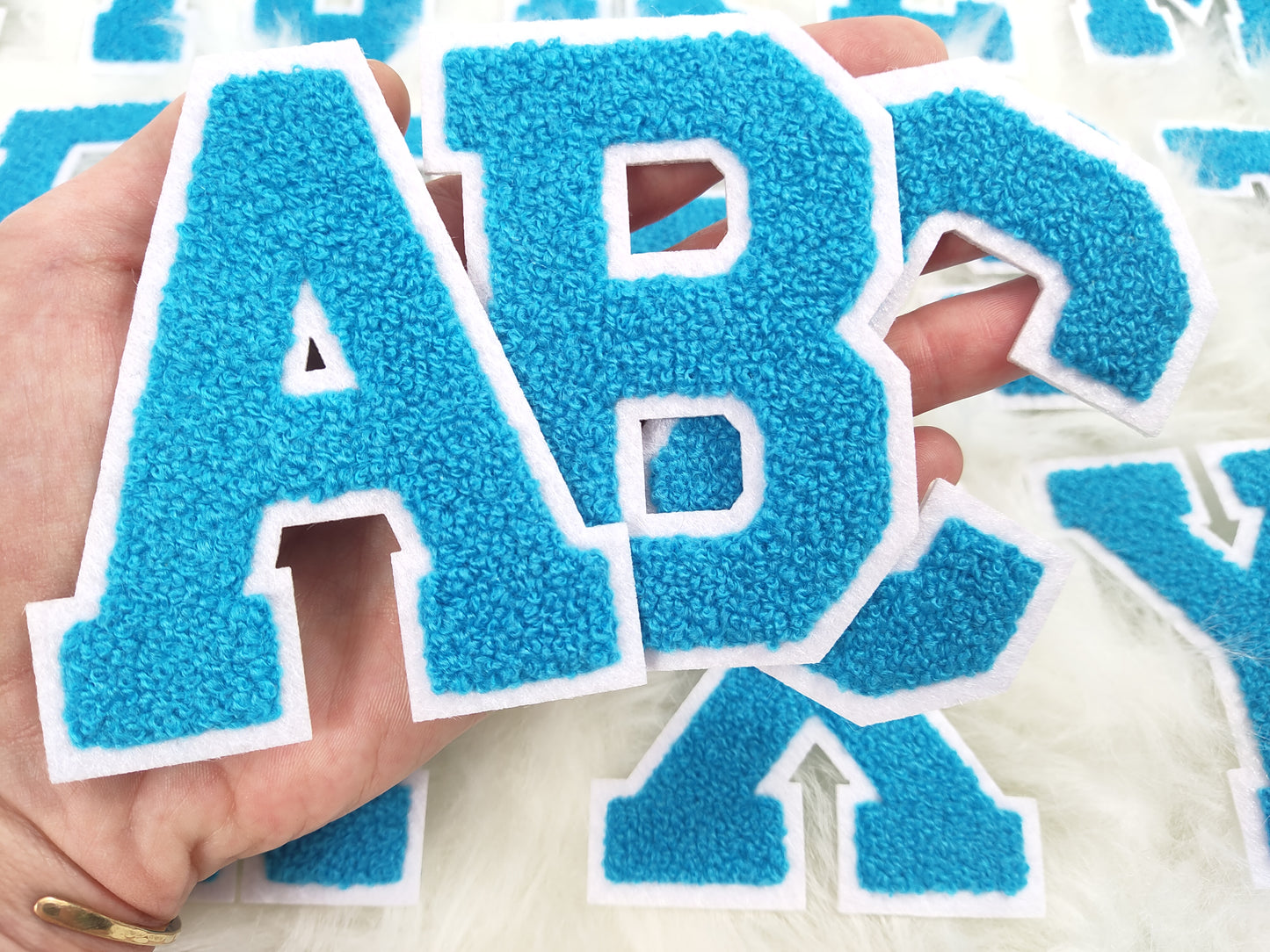 Neon Blue Chenille on Felt Iron On Letter Patches
