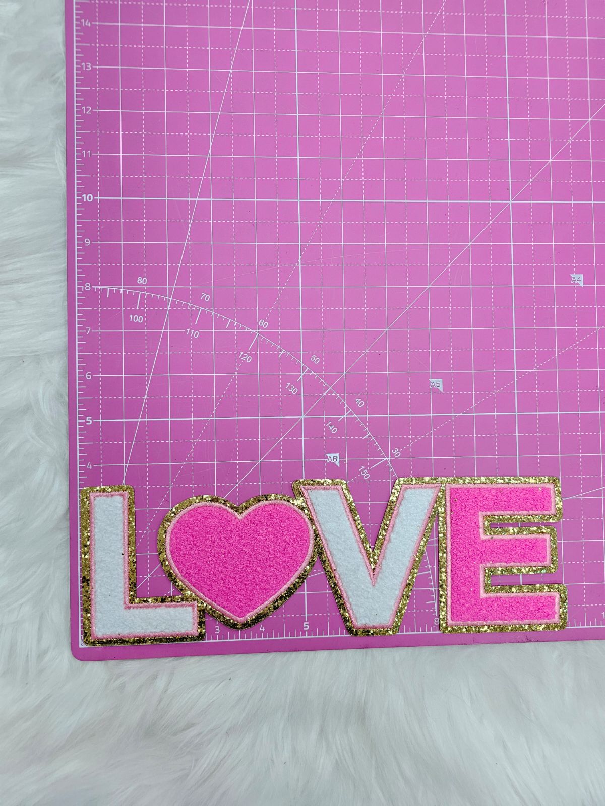 LOVE With Pink Heart on Gold Glitter Chenille Iron-on Patch