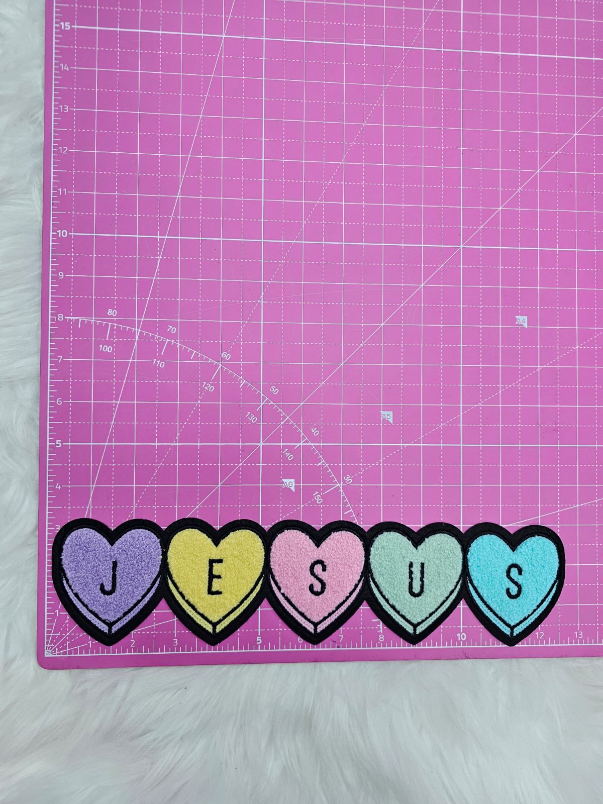 Pastel JESUS Hearts Chenille on Gold Glitter Iron-on Patch