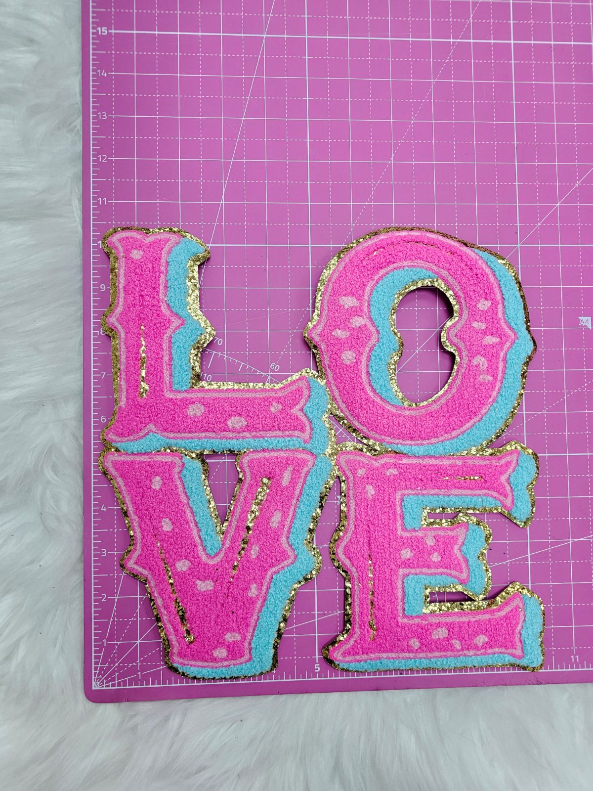 Preppy Pink LOVE on Gold Glitter Chenille Iron-on Patch