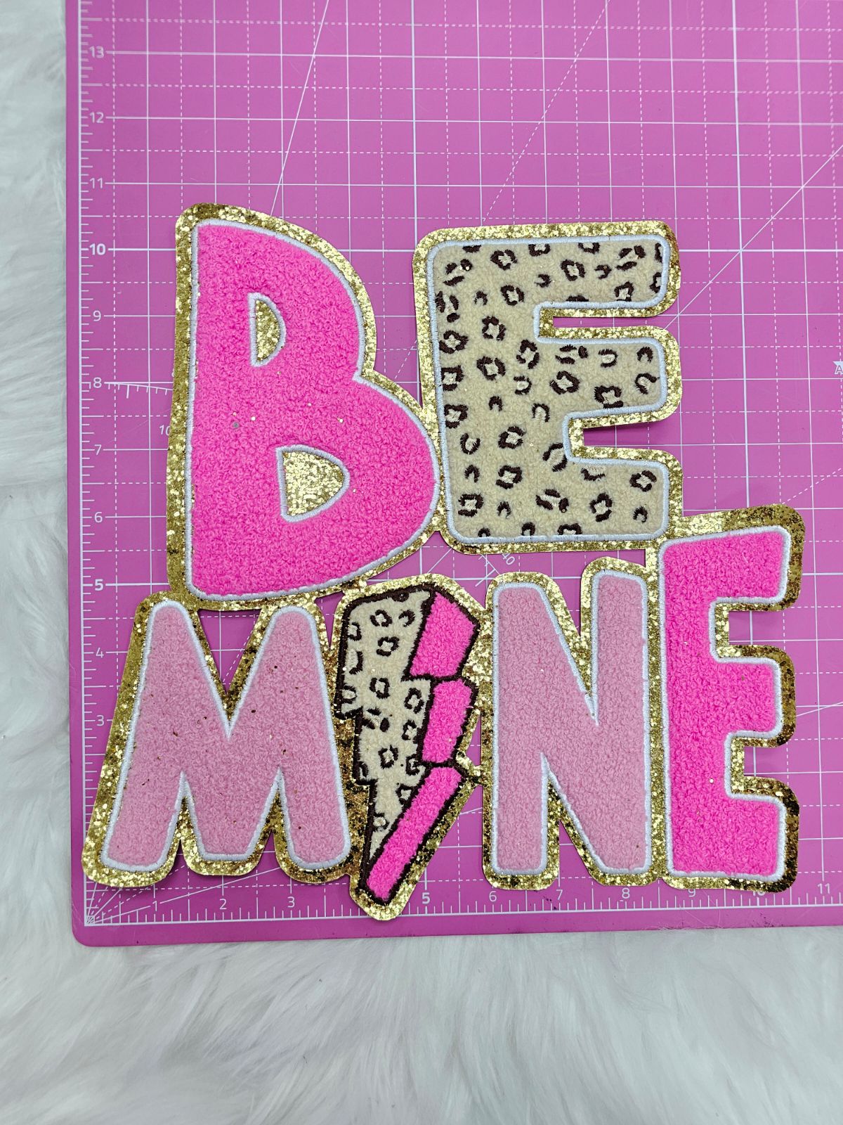 BE MINE Pink Cheetah Lightning Bolt on Gold Glitter Chenille Iron-on Patch