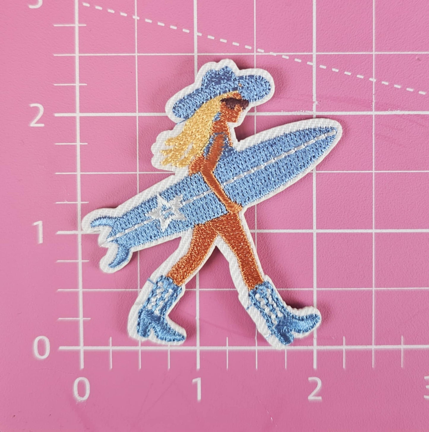 Blue Coastal Cowgirl Beach Babe with Surfboard Embroidery Iron On Patch