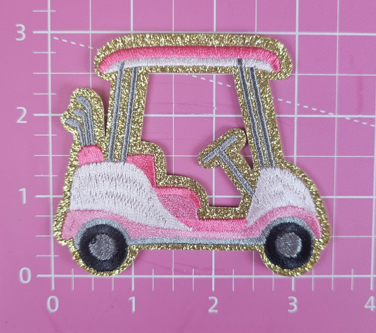 Pink Golf Cart with Gold Glitter Embroidery Iron On Patch