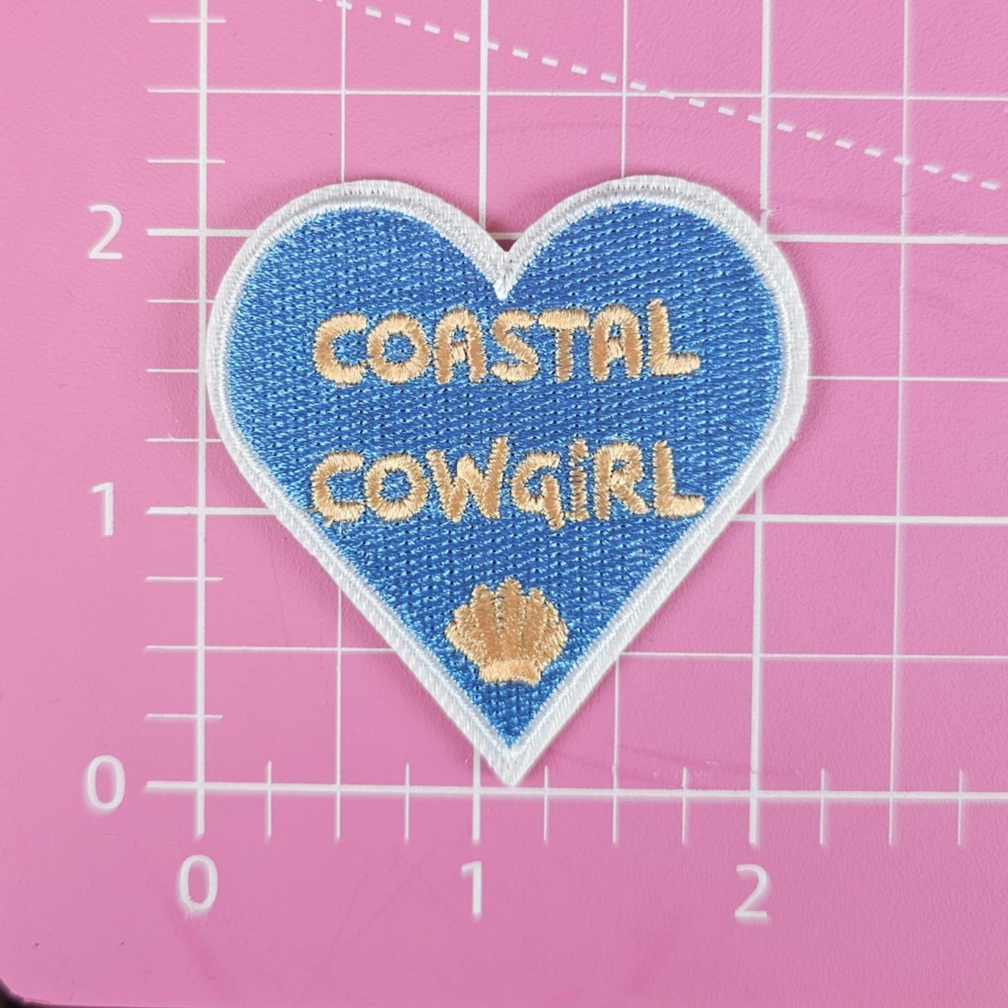 Blue Coastal Cowgirl Heart with Seashell Embroidery Iron On Patch