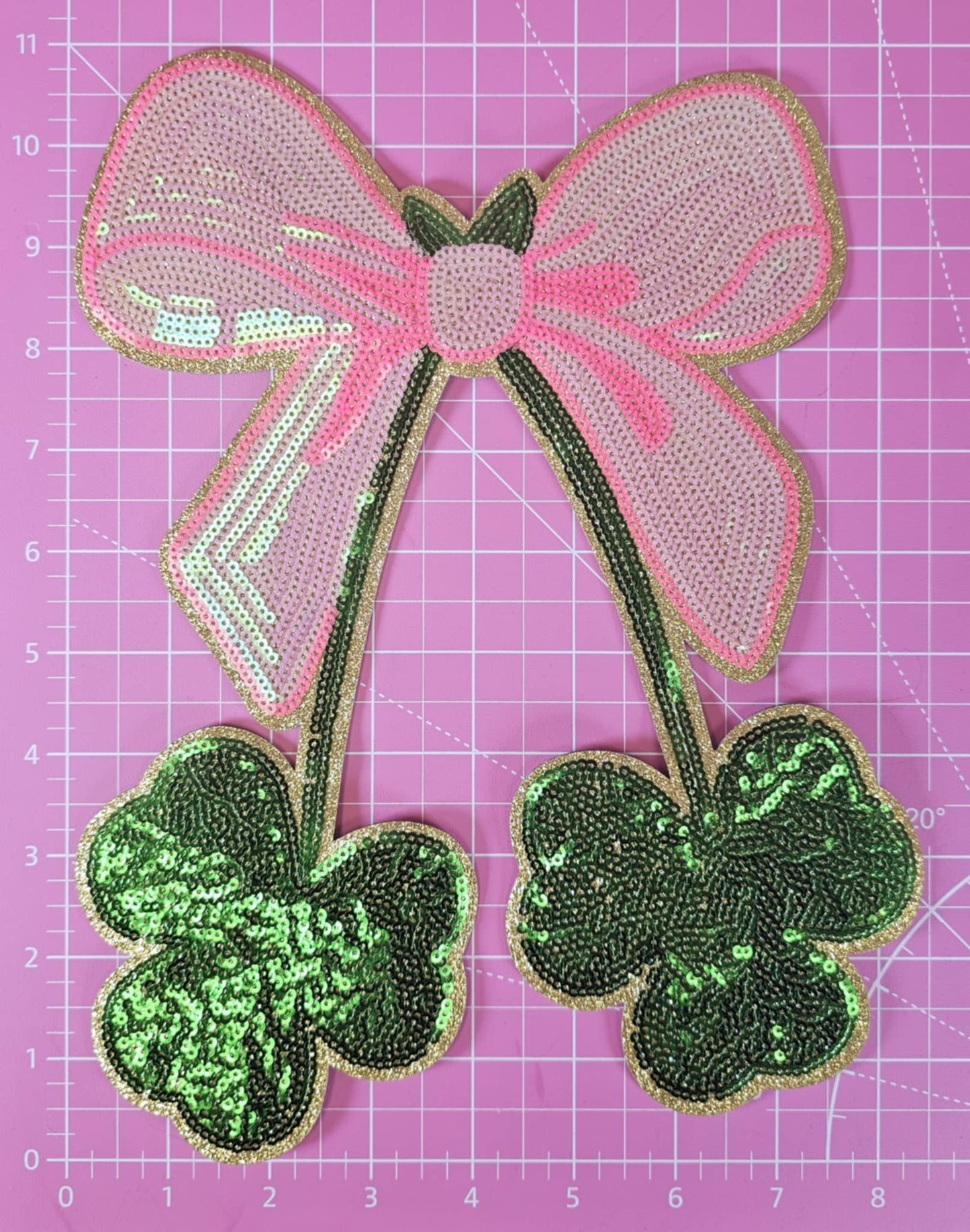 Pink Bow with Clover Shamrock Sequin on Gold Glitter Iron-on Patch