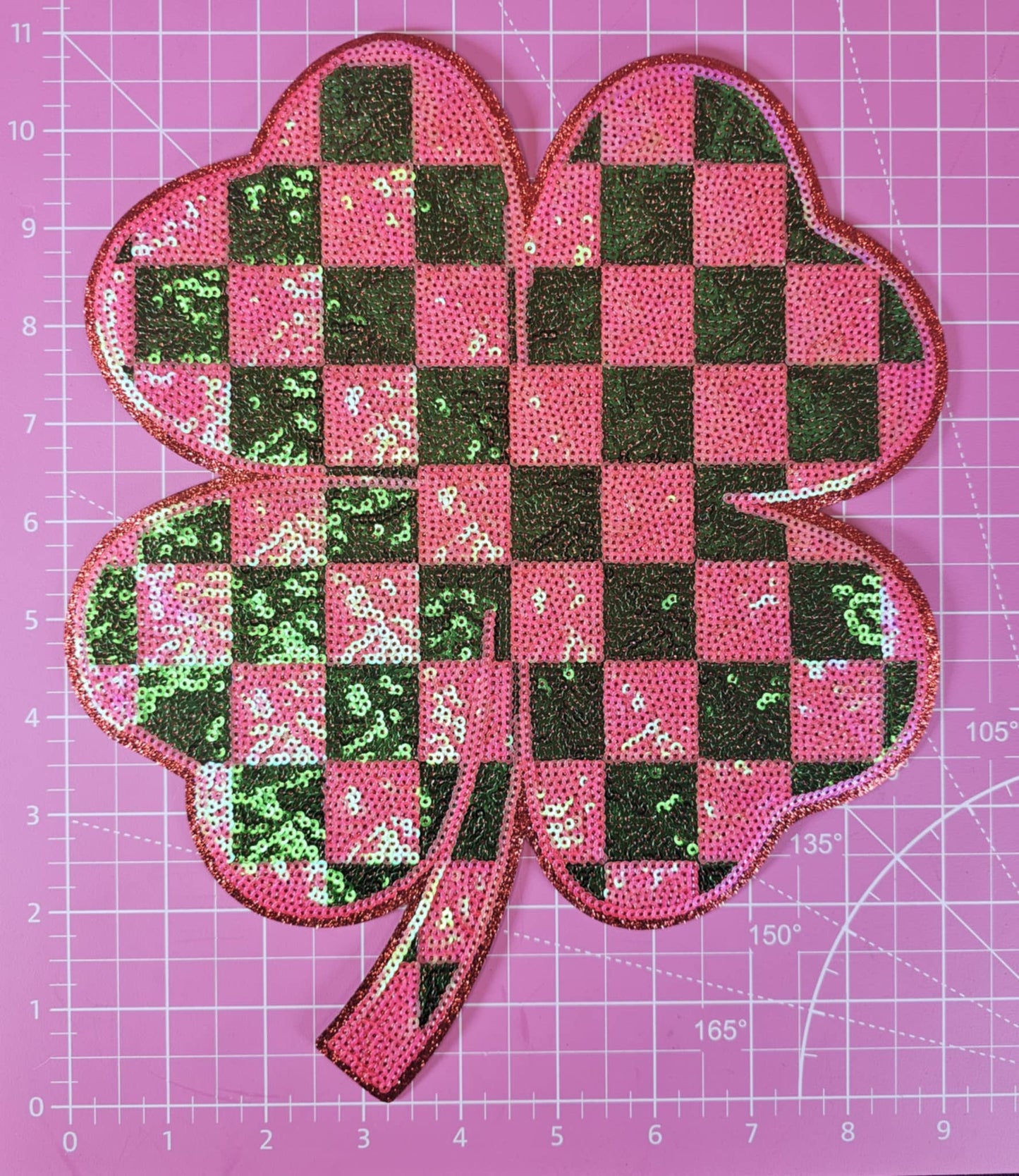 Pink and Green Checkered Clover Shamrock Sequin Iron-on Patch