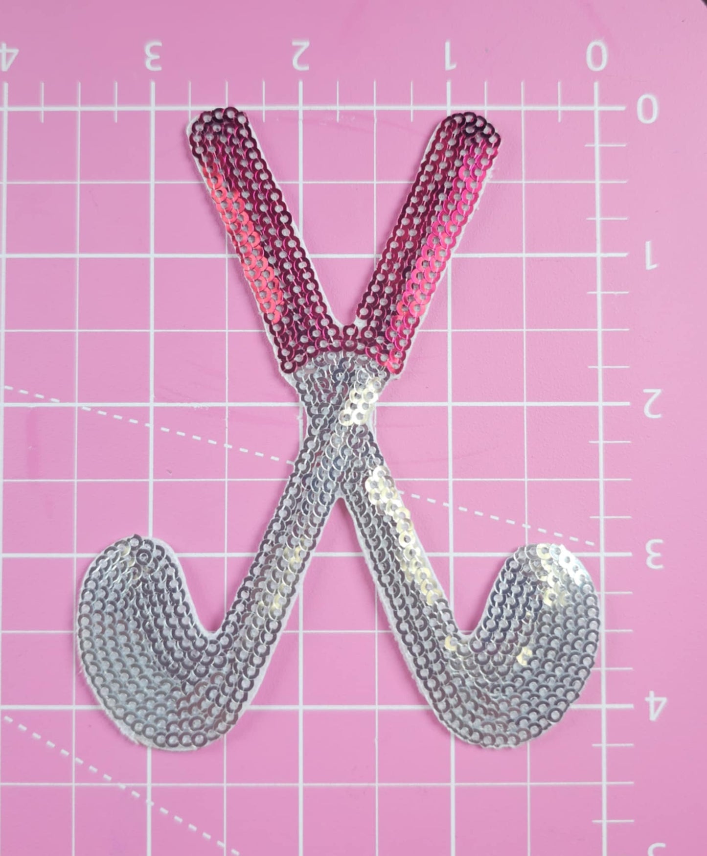 Crossed Golf Clubs Pink Sequin Iron On Patch