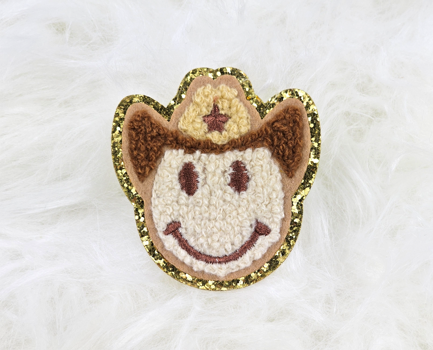 Cowboy Hat Smile Chenille Gold Glitter Iron On Patch