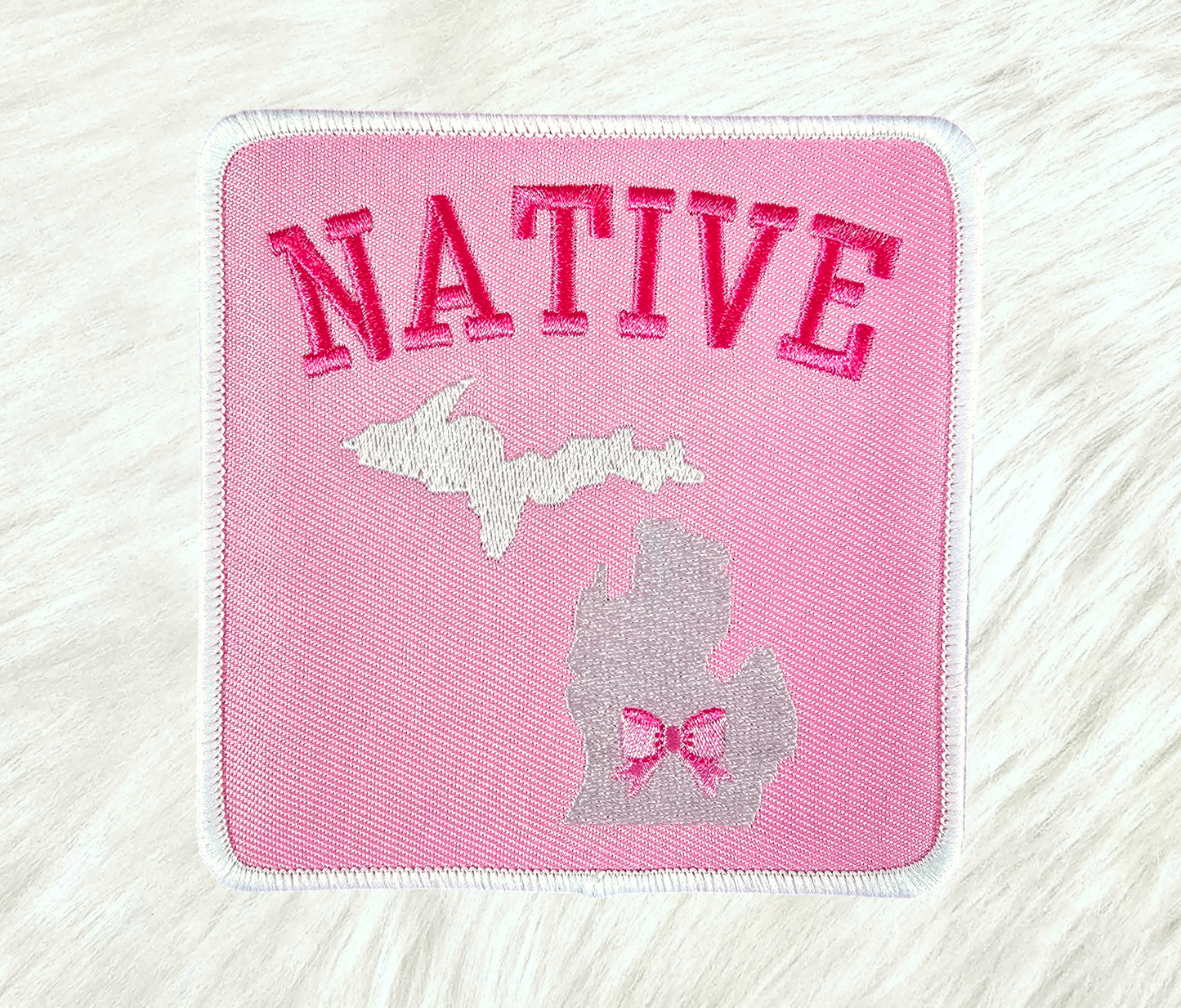 Michigan Native Pink Bow Embroidery Iron On Patch