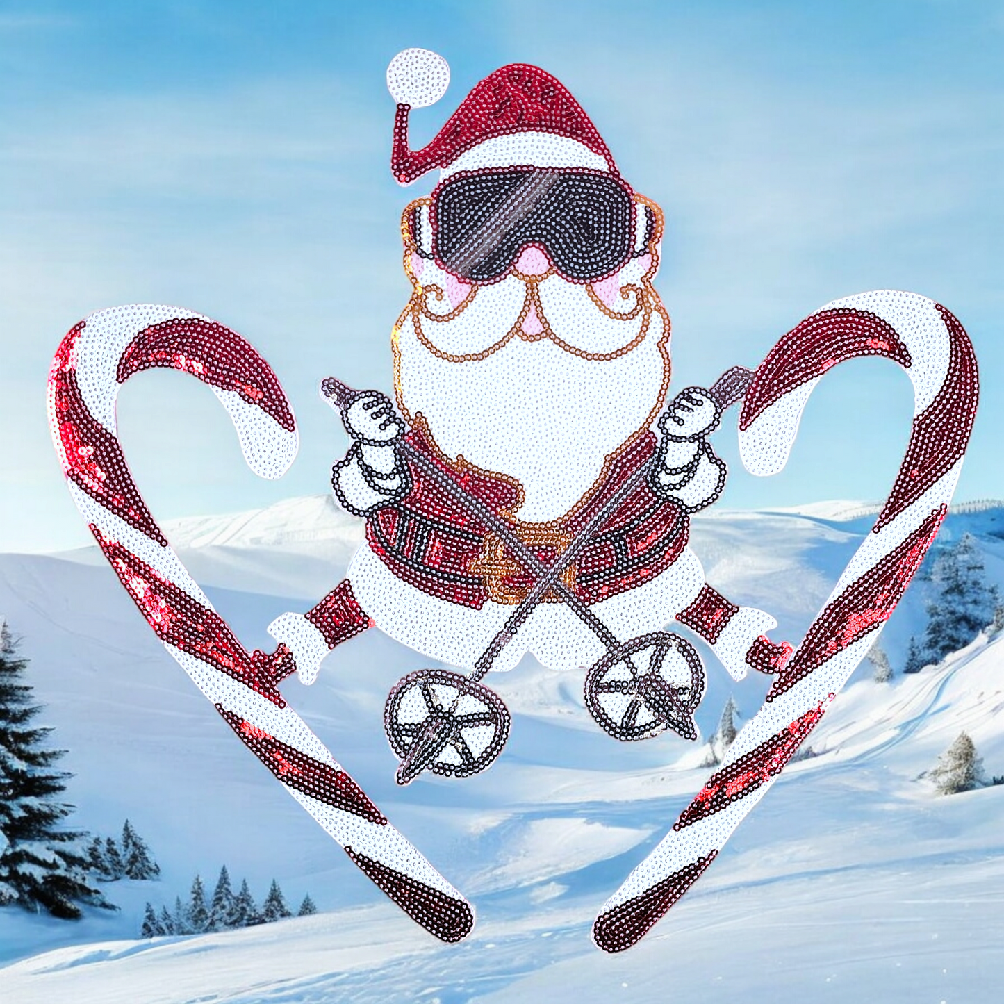 XL Santa Candy Cane Ski Sunglasses Full Sequin Iron-on Patch