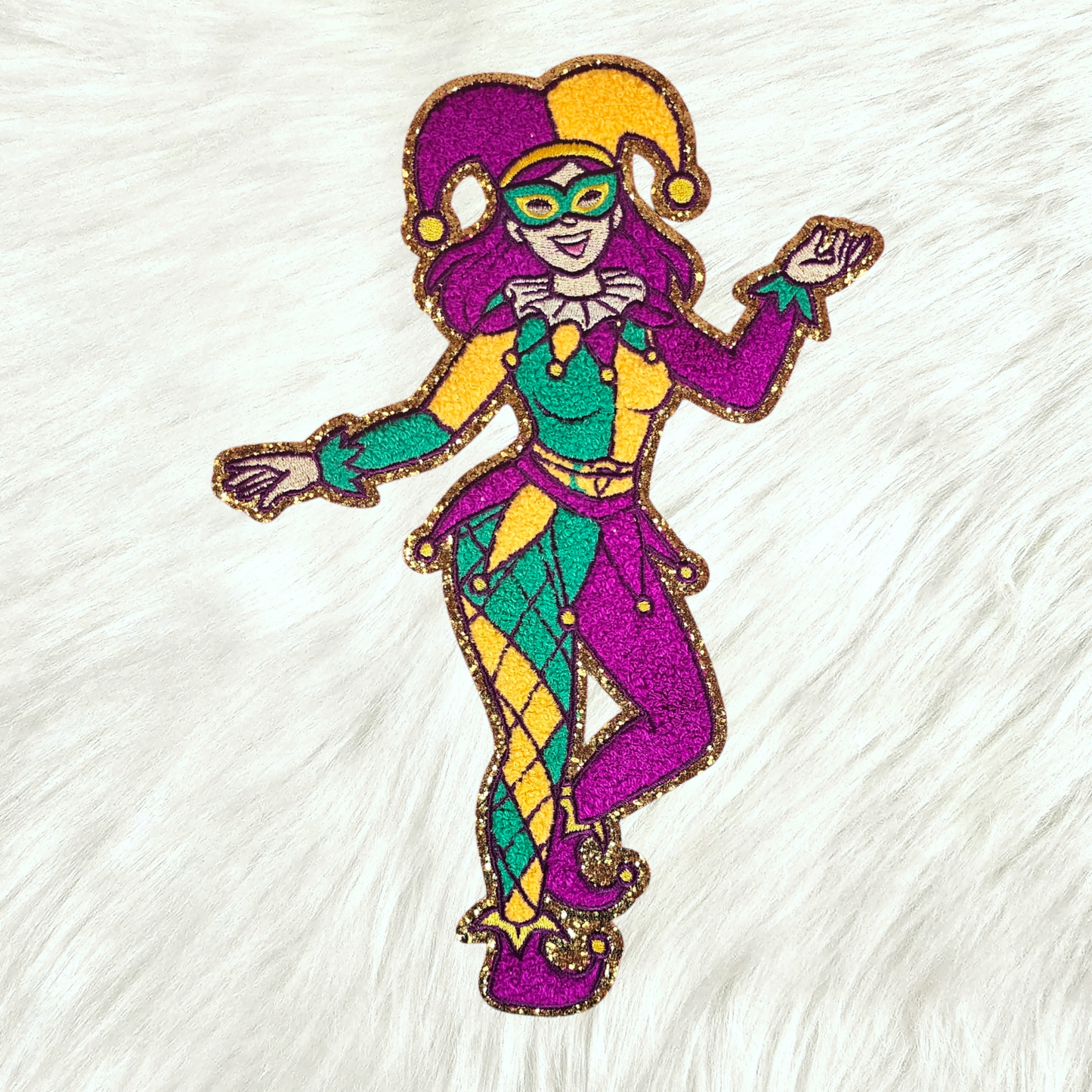 Dancing Light Skin Mardi Gras Joker Jester Chenille Glitter Large Iron On Patch