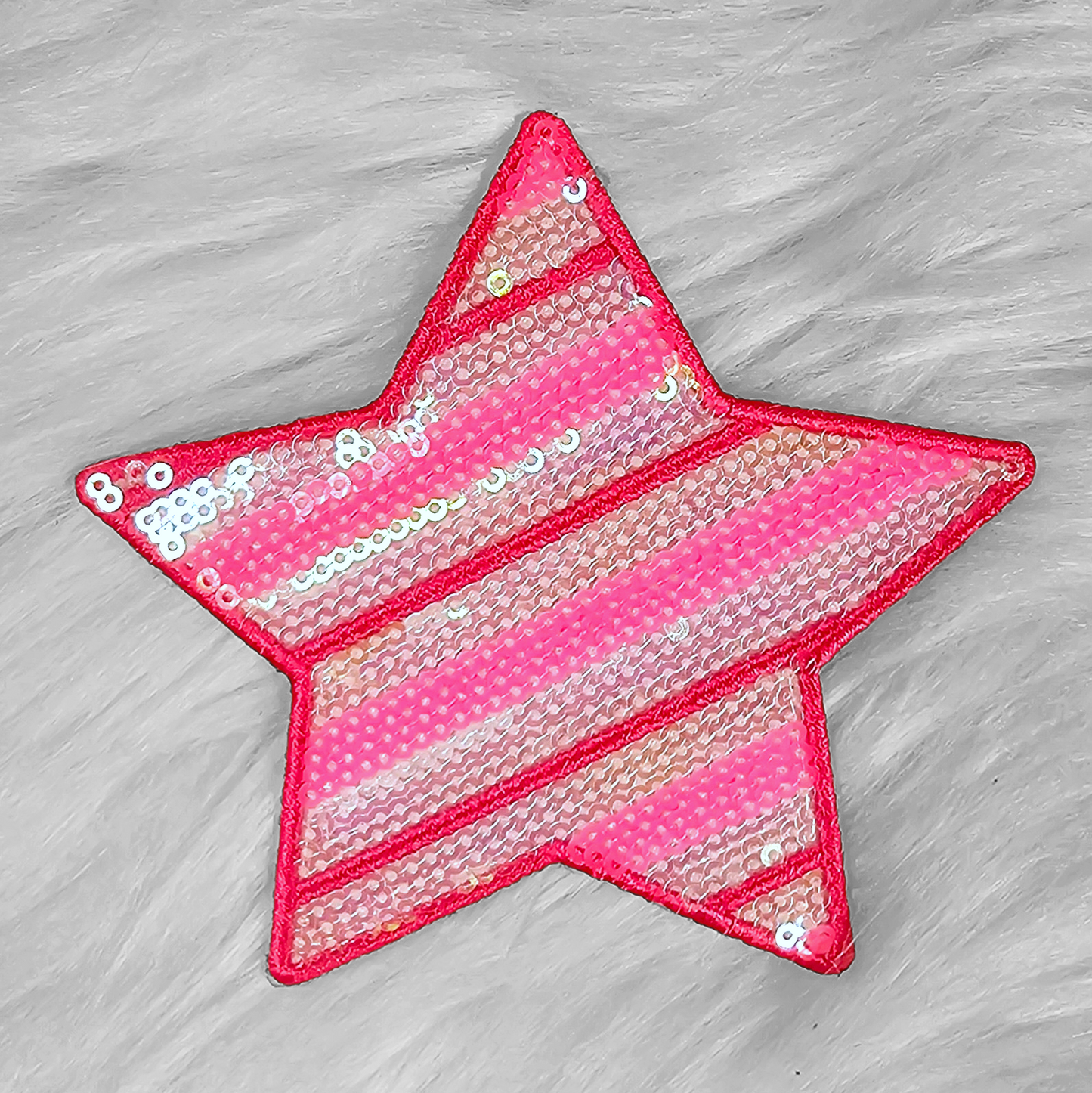 4" Neon Pink Stripe Sequin Star Iron On Patch
