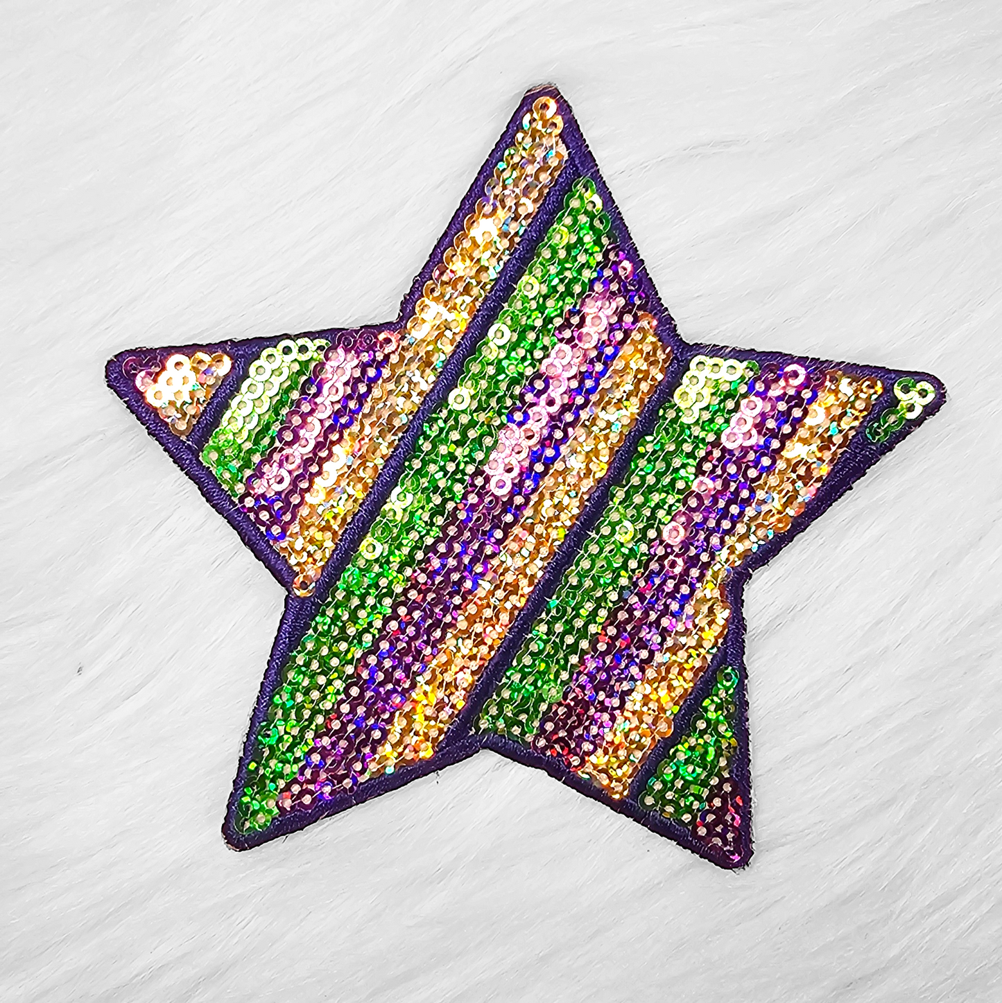 4" Mardi Gras Purple Green and Holographic Gold Sequin Star Iron On Patch
