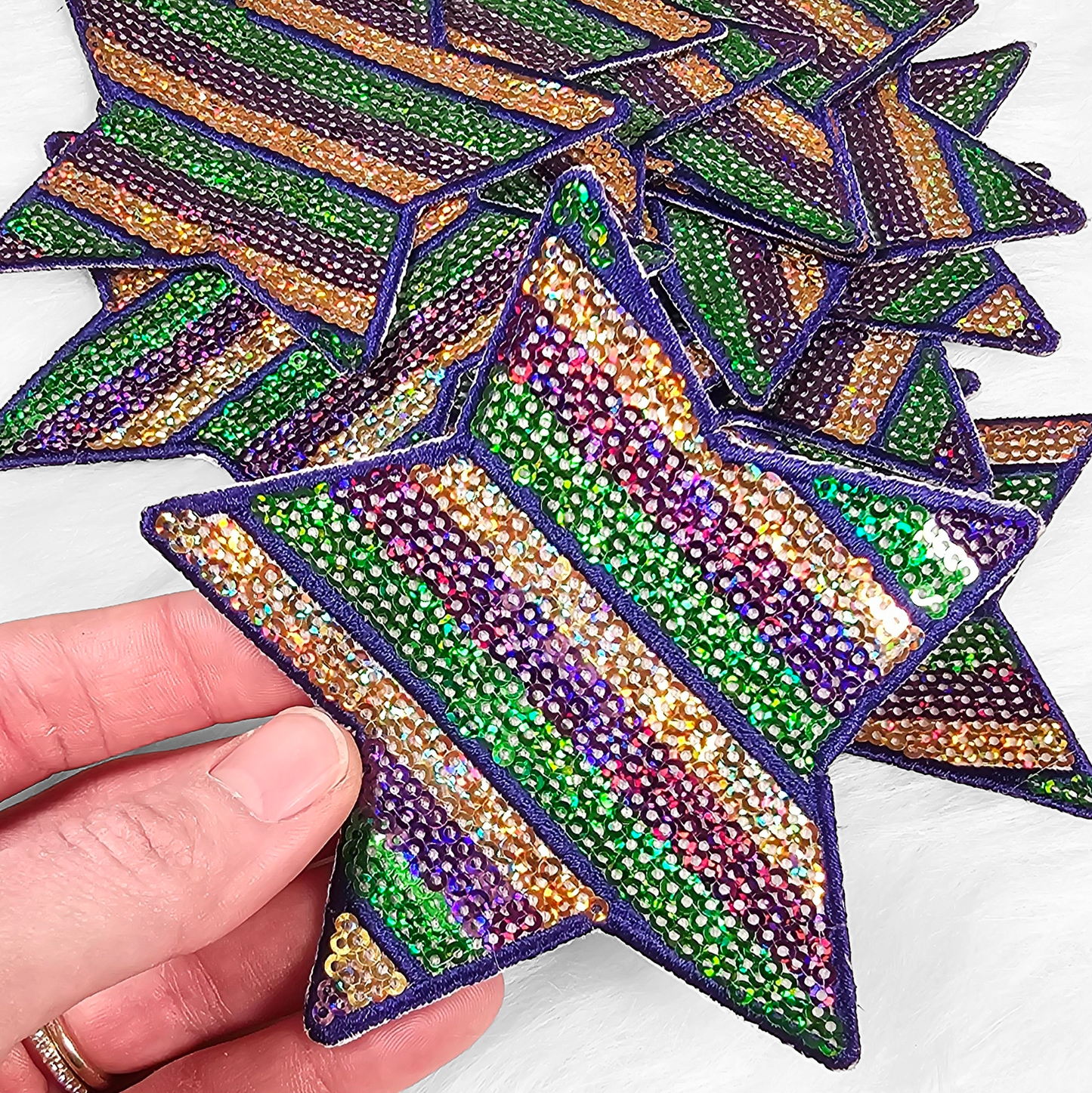 4" Mardi Gras Purple Green and Holographic Gold Sequin Star Iron On Patch