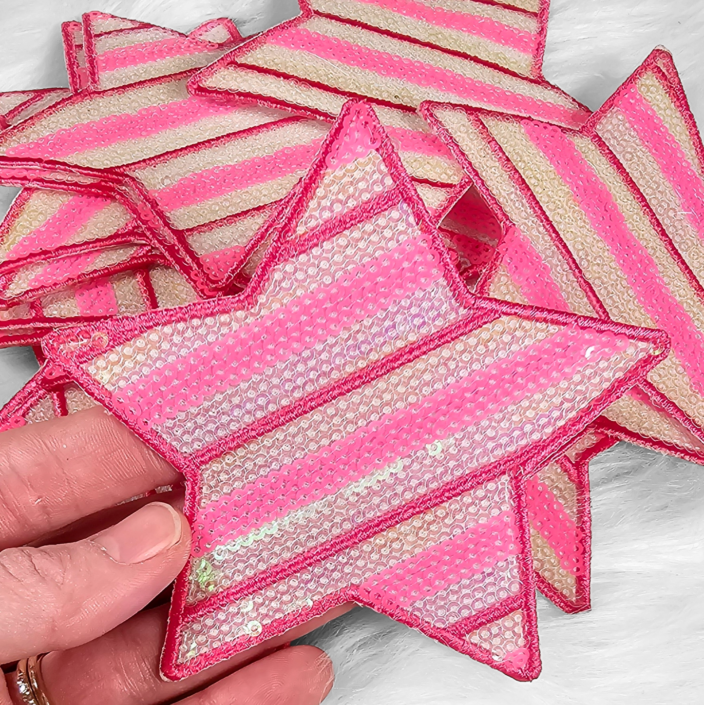 4" Neon Pink Stripe Sequin Star Iron On Patch