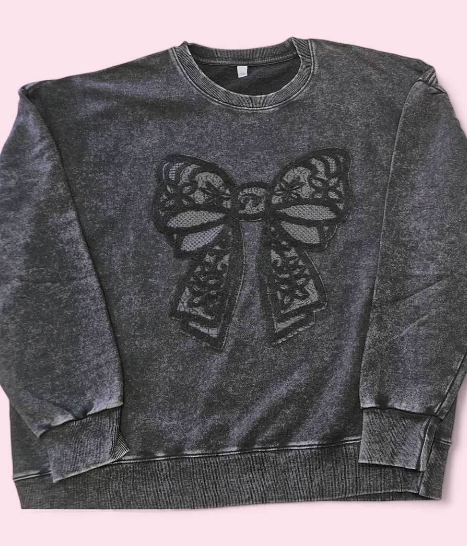Lace Bow Doily Black Large Iron On Patch