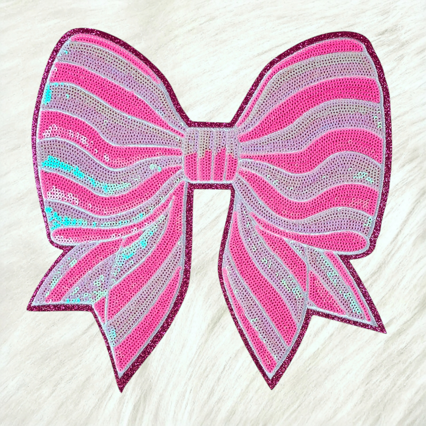 Candy Stripe Bow Pink Valentine Sequin Glitter Large Iron On Patch