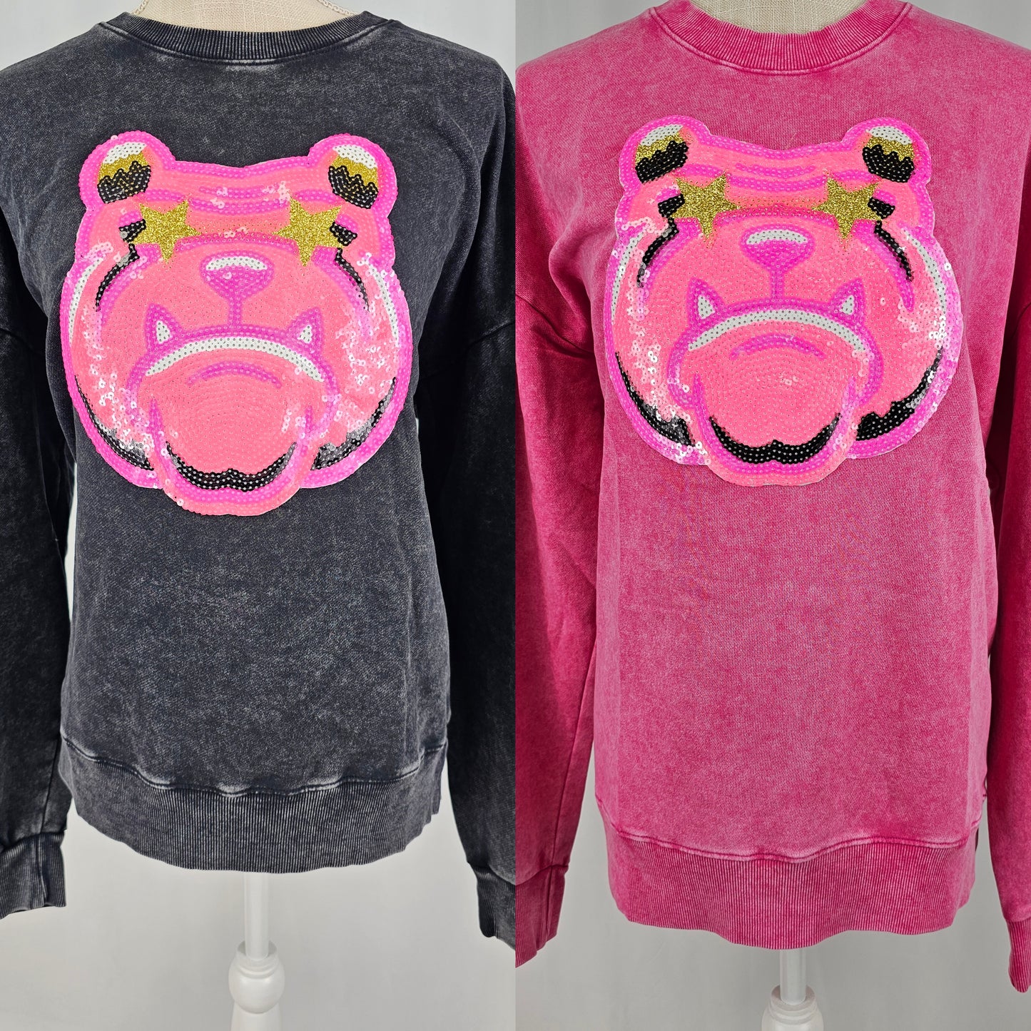 Hot Pink Bulldog Mascot Sequin on Acid Wash Crews by Pretty Preppy Co.