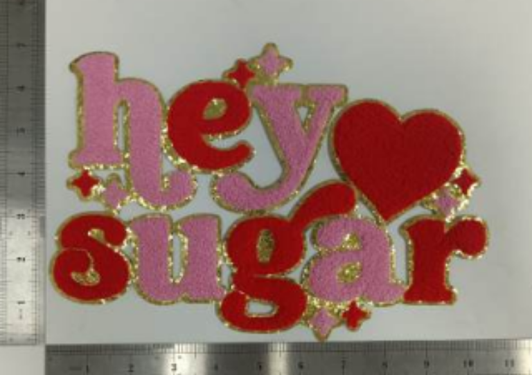 Hey Sugar on Gold Glitter Chenille Iron-on Patch