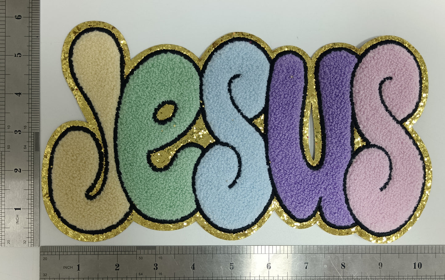 Pastel JESUS Easter Chenille on Gold Glitter Iron-on Patch