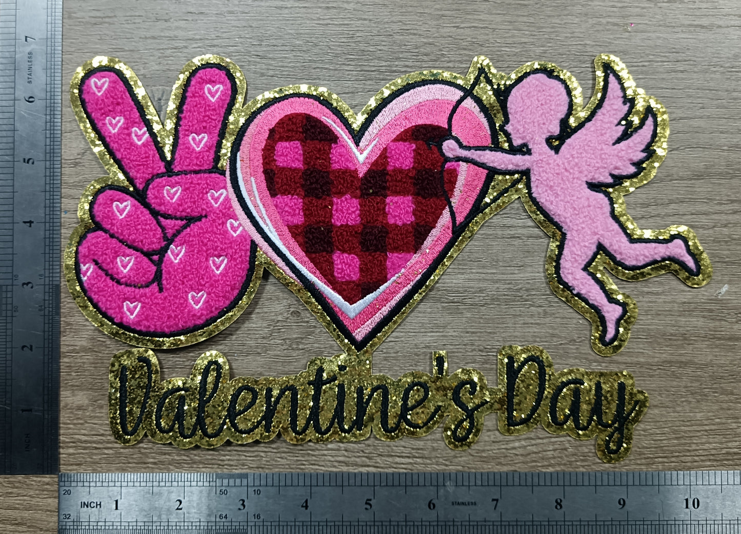 Cupid Heart Love Valentine on Gold Glitter Chenille Iron-on Patch
