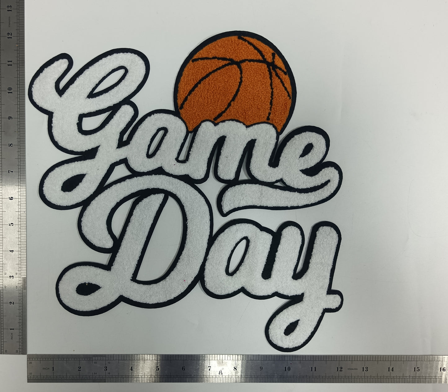 Large Game Day Basketball Chenille on Black Iron-on Patch