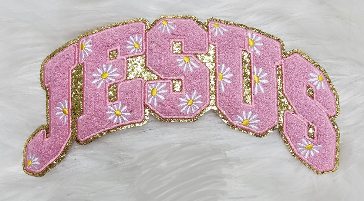 Pink JESUS with Daisy Flowers and Heart Chenille on Gold Glitter Iron-on Patch