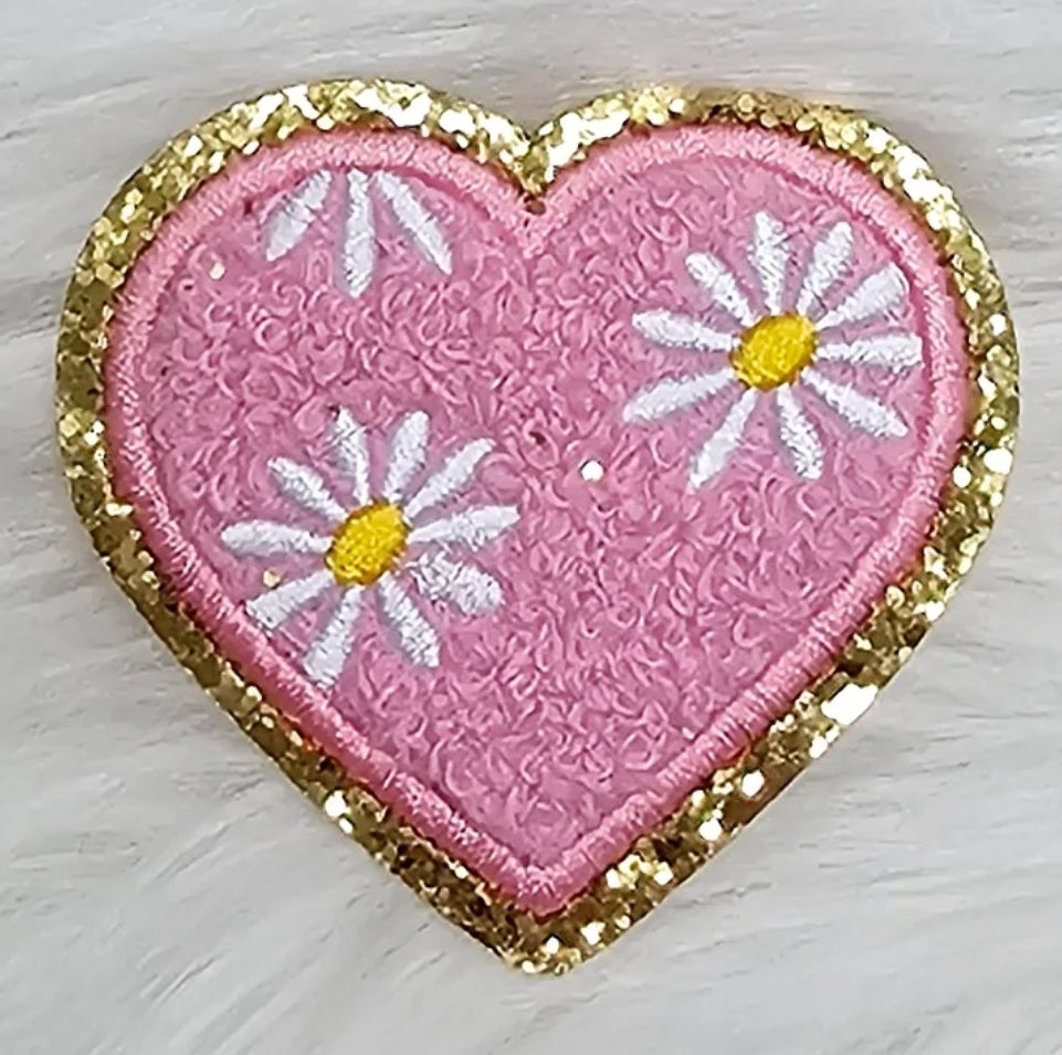 Pink JESUS with Daisy Flowers and Heart Chenille on Gold Glitter Iron-on Patch