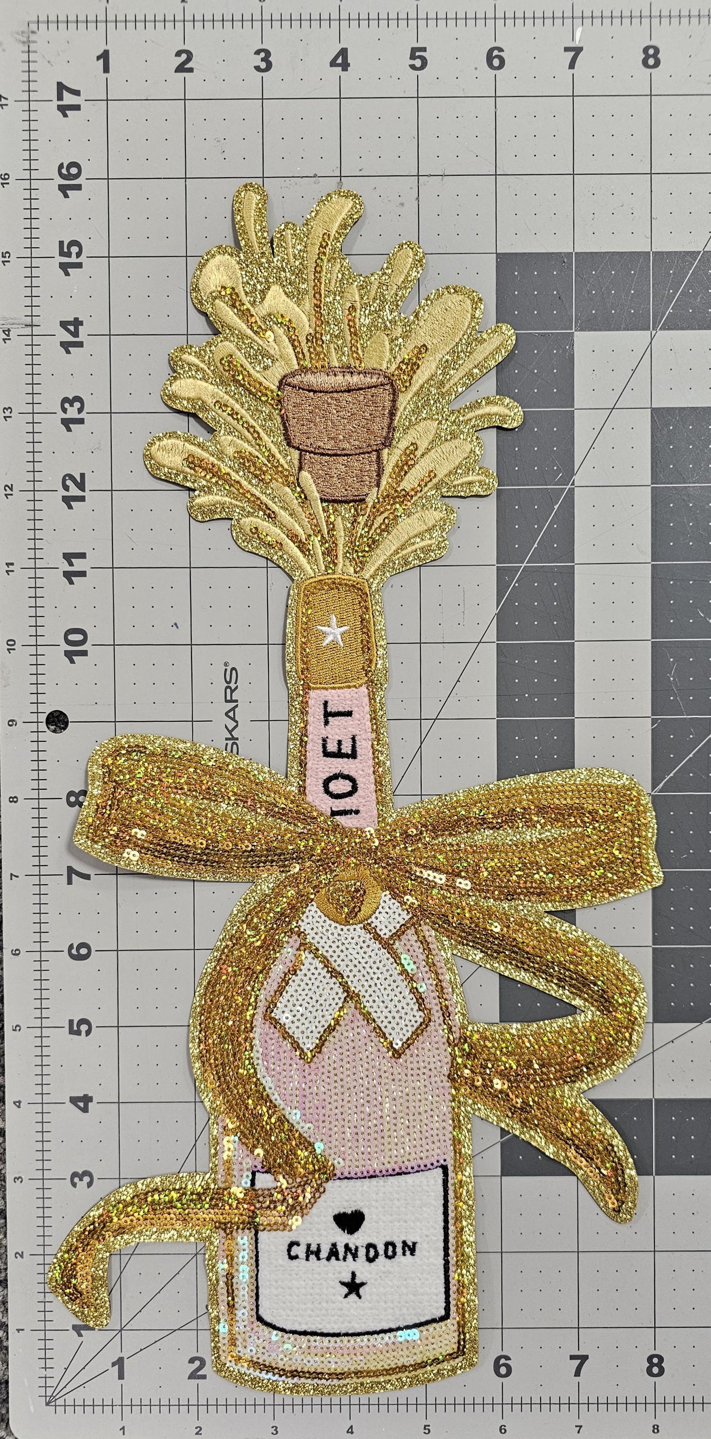 XXL Pink Rose Champagne with Bow Cheers Toast Large Sequin Iron on Patch, Pink Champagne Bottle Galentines Bridal Bachelorette Party Patch