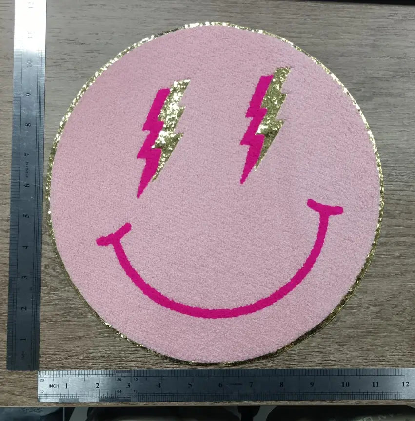 Pink Lightning Bolt Large Smile Chenille Gold Glitter Iron On Patch