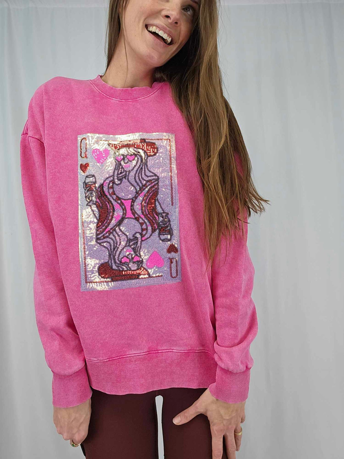 Queen Hearts Cowgirl Lover Card Sequin Acid Wash Crew by Pretty Preppy Co.