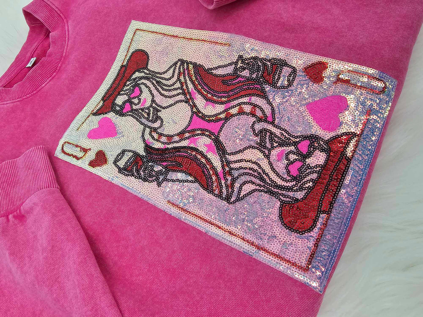 Queen Hearts Cowgirl Lover Card Sequin Acid Wash Crew by Pretty Preppy Co.