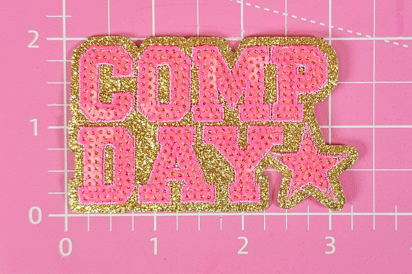 COMP DAY Cheer Dance Sequin on Glitter Small Iron-on Patch