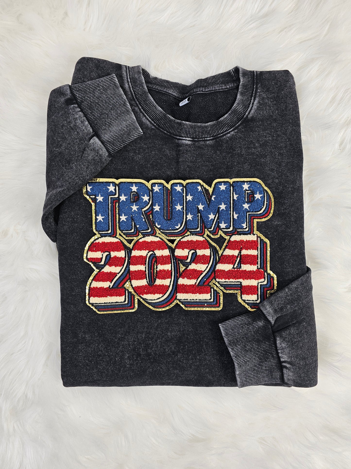 Trump 2024 American Flag on Gold Glitter Chenille Iron-on Patch