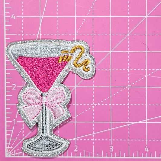 Cosmopolitan Pink Martini Coquette Bow on Silver Glitter Iron On Patch
