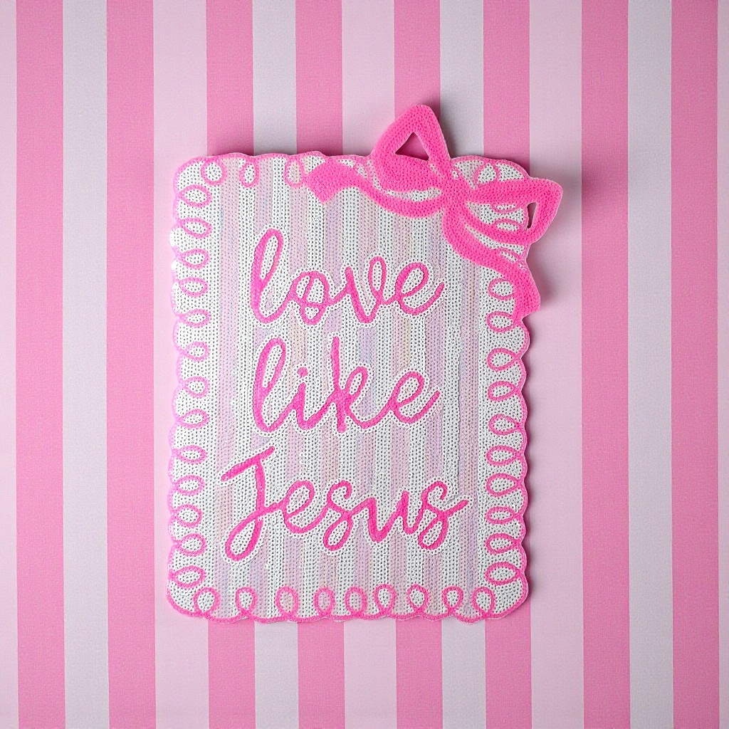 Love Like Jesus Striped Bow Sequin Large Iron On Patch